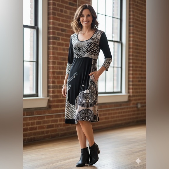 Linea Domani Dresses & Skirts - Linea Domani Art-to-Wear Geometric Patchwork Zip Detail Midi Dress - Size S